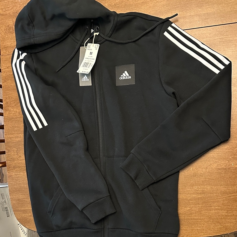 NWT Medium Adidas Black Hoodie with White Stripes- full zip hoodie